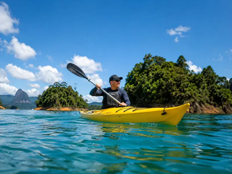 Kayaker paddling a yellow kayak on the calm Guatapé reservoir with green islands behind